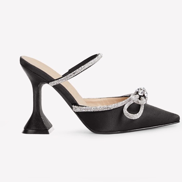 NWT Black Satin Rhinestone Bow Mule Heels - Picture 2 of 7